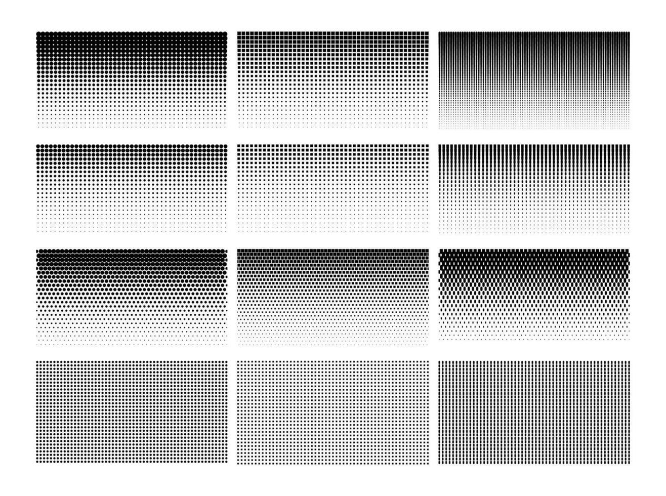 meio-tom gradiente. ponto gradação padronizar. duotônico fundo, Preto e branco desvaneça textura. gráfico retro efeito, abstrato geométrico grade. pop arte tom imprimir. vetor conjunto