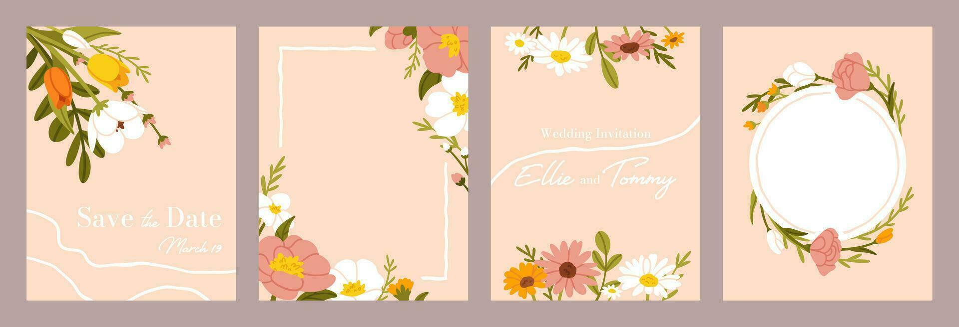 Casamento flor poster. cartão com Primavera flores para Casamento convite, decorativo cumprimento floral cartões com flores silvestres ramalhete. vetor folheto modelos conjunto