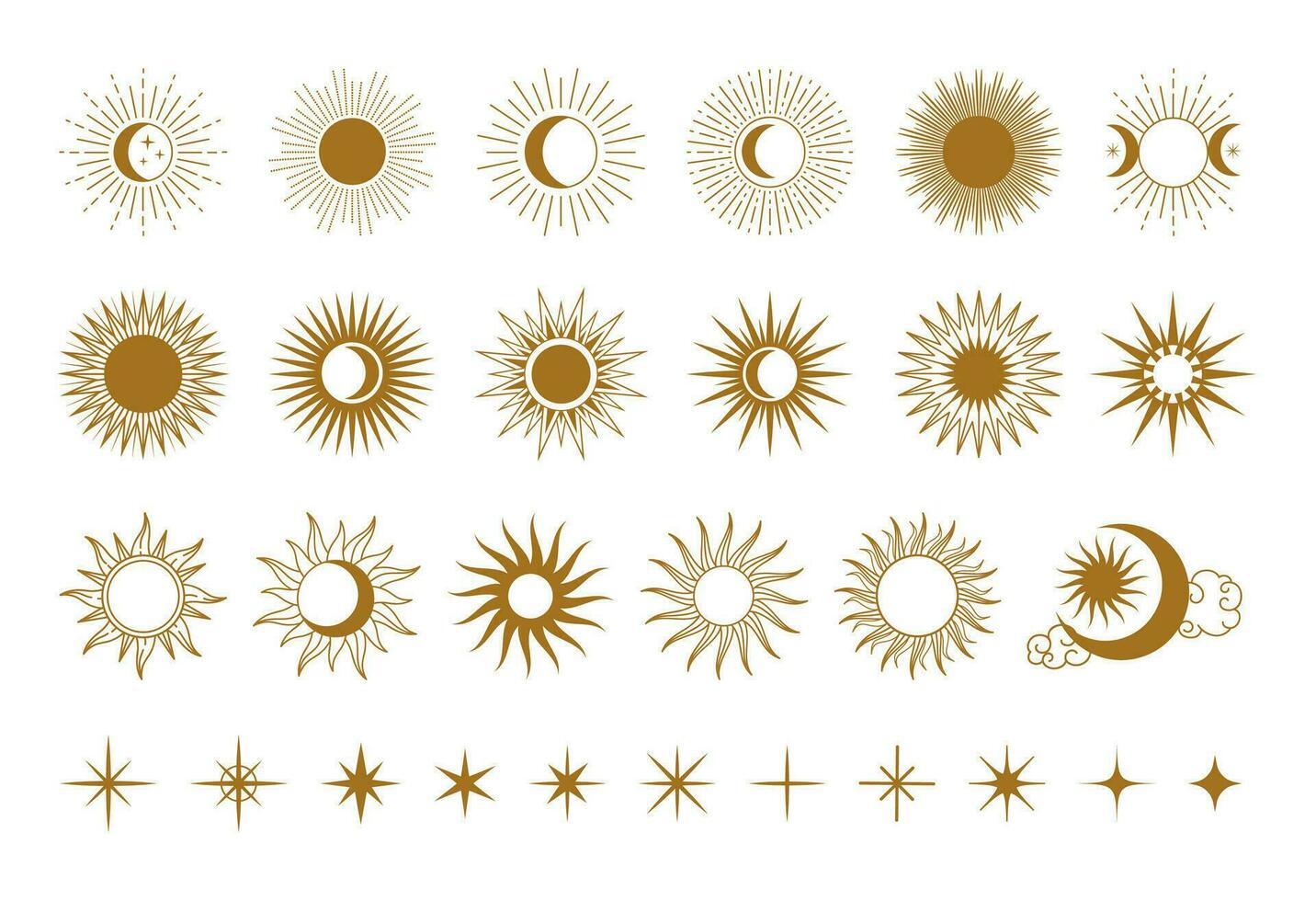abstrato mágico Sol. gráfico dourado sol, nascer do sol elementos, lua e estrelas. astrologia místico decorativo símbolos. dia e noite placa isolado em branco fundo vetor