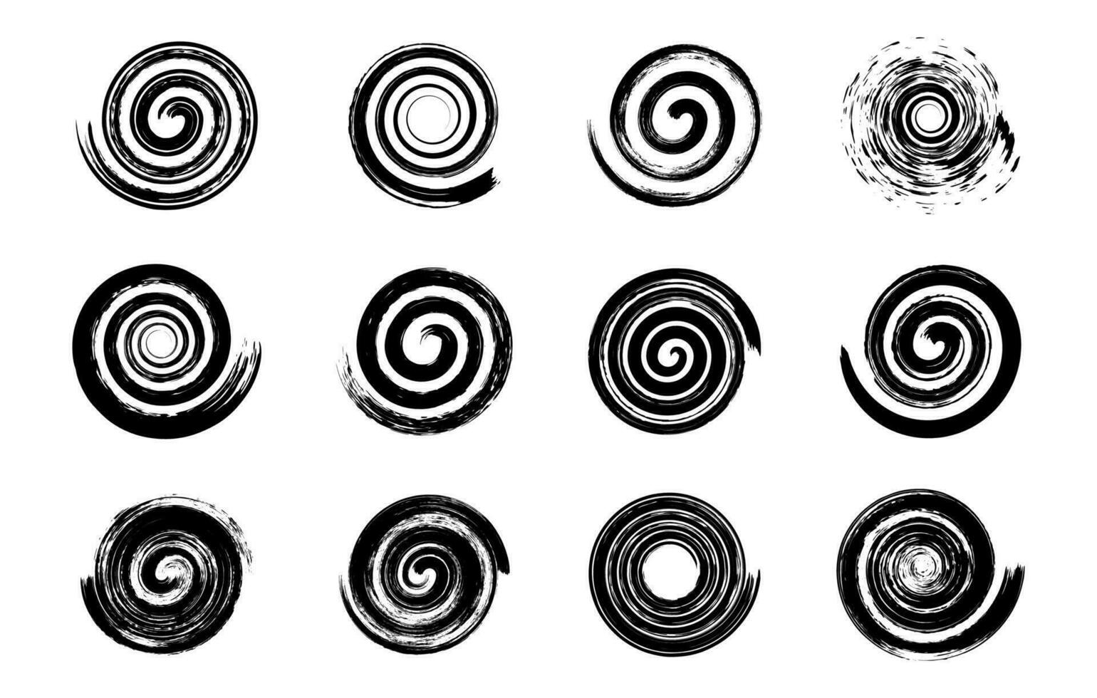 grunge espirais. redemoinho rodopio abstrato simples rotativo espiral, Preto tinta escova círculos, hipnótico elementos, torcido movimento transição efeito. isolado vetor conjunto