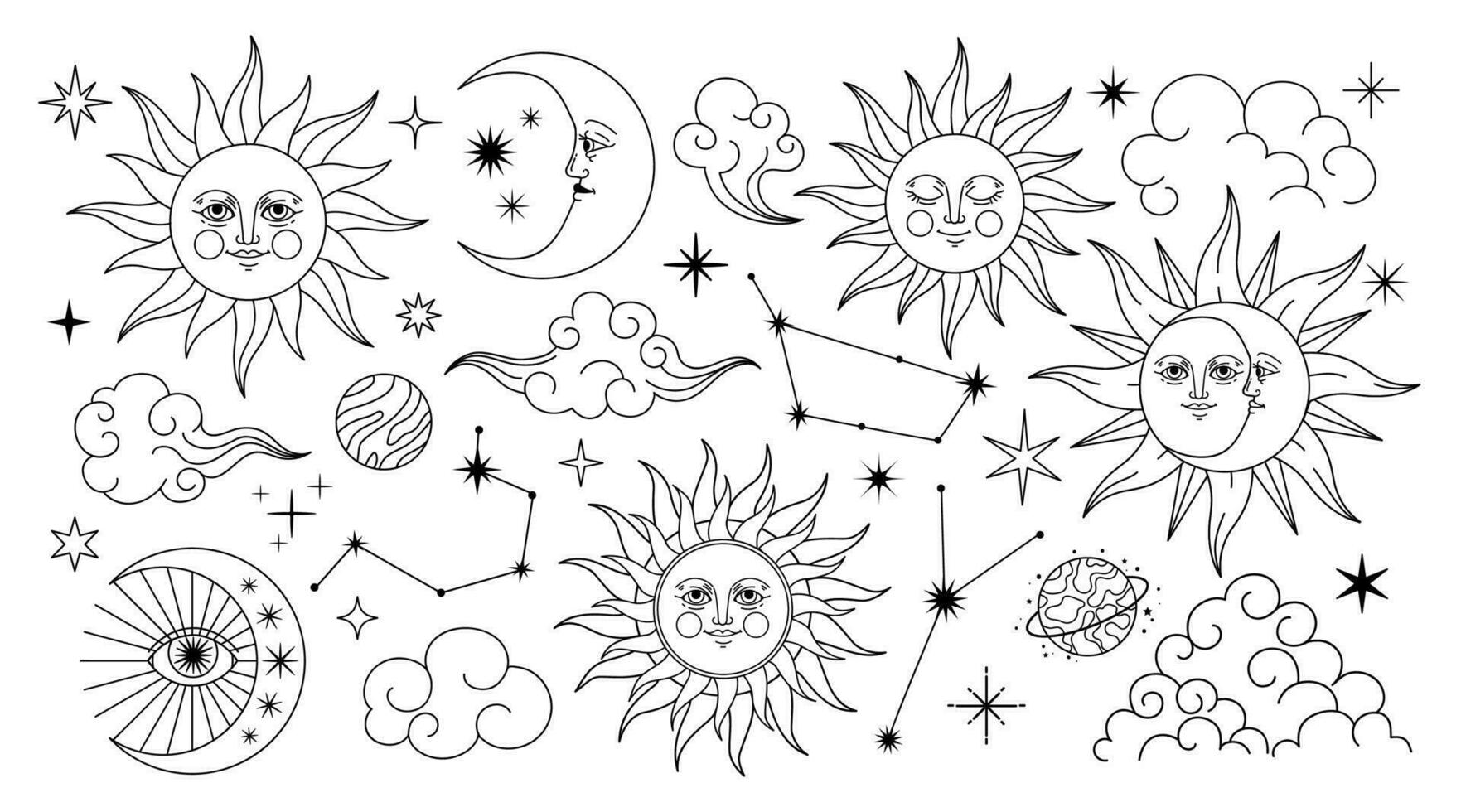 místico celestial símbolo. esotérico galáxia elementos. Magia espiritual astrologia sinais, abstrato lua, sol, estrelas, constelações. gráficos alquimia tatuagem. vetor conjunto