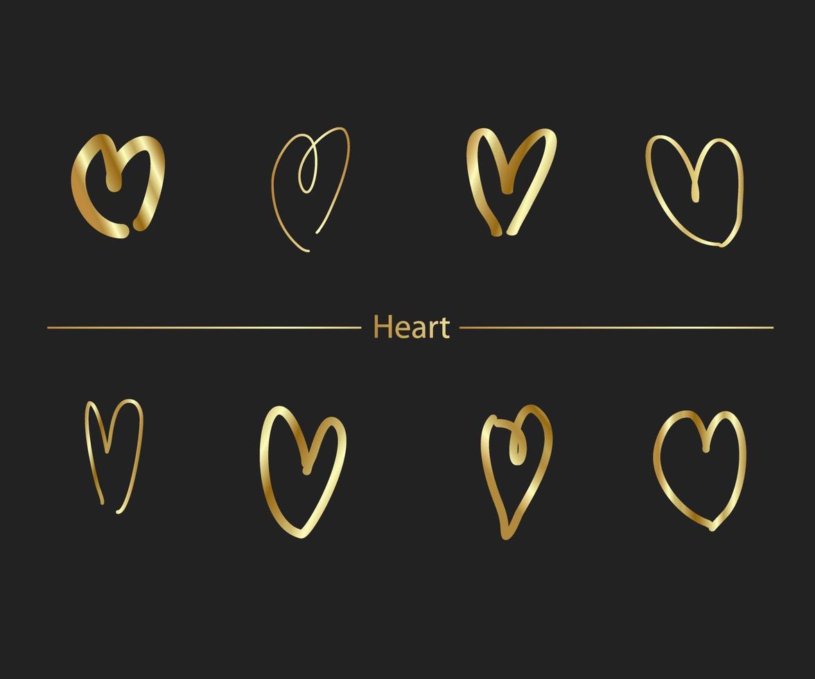 corações de ouro. mão desenhada escovas de corações. pintados à mão em forma de coração. símbolo de amor, cartões de casamento de dia dos namorados. ilustração vetorial vetor