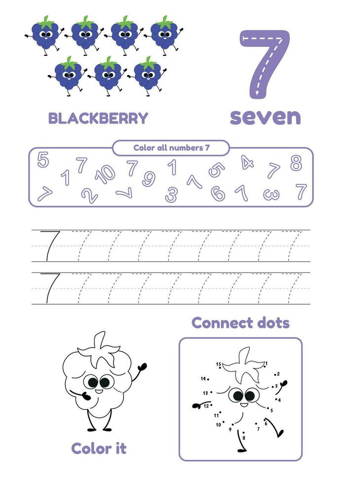 lazer jogos para pré escola crianças em 1 página. ponto para ponto, vestígio, cor e aprender número Sete vetor