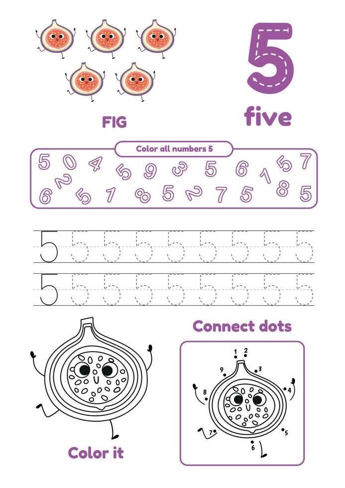 lazer jogos para pré escola crianças em 1 página. ponto para ponto, vestígio, cor e aprender número cinco vetor