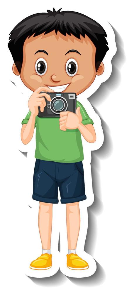 autocolante de personagem de desenho animado de menino segurando câmera vetor
