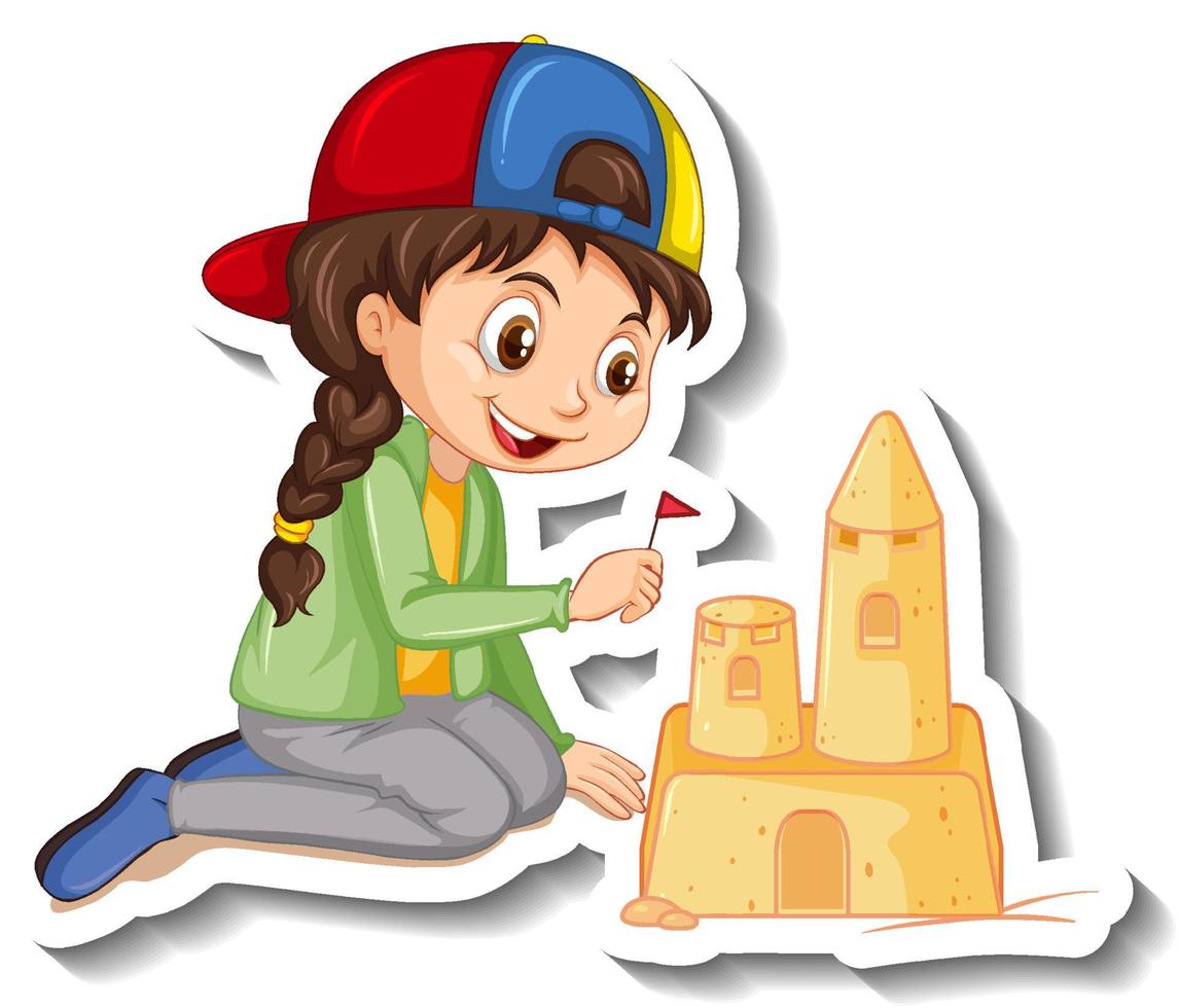 autocolante de personagem de desenho animado de rapariga a construir castelo de areia vetor