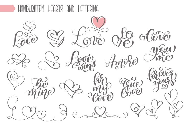 Grande conjunto de escritos à mão lettering sobre amor vetor