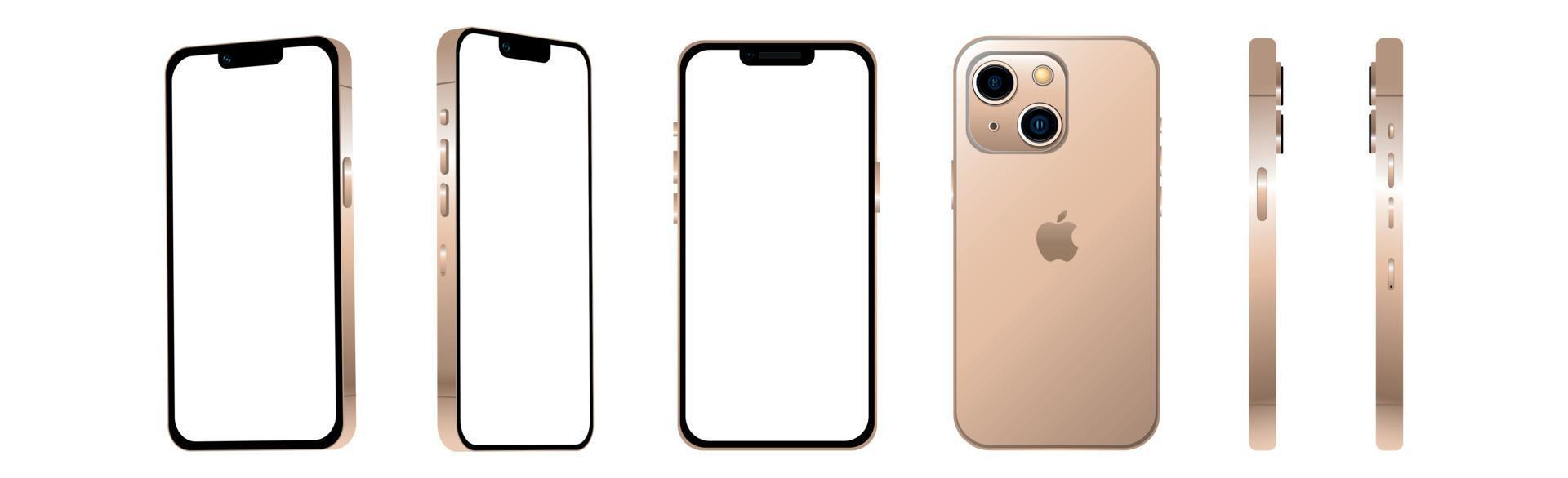 dourado moderno smartphone celular iphone 13 mini em 6 ângulos diferentes em um fundo branco - vetor