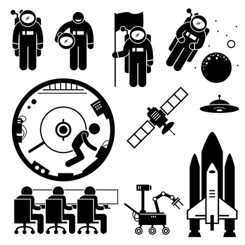 Astronauta Exploração Espacial Stick Figure Pictogram Icons. vetor