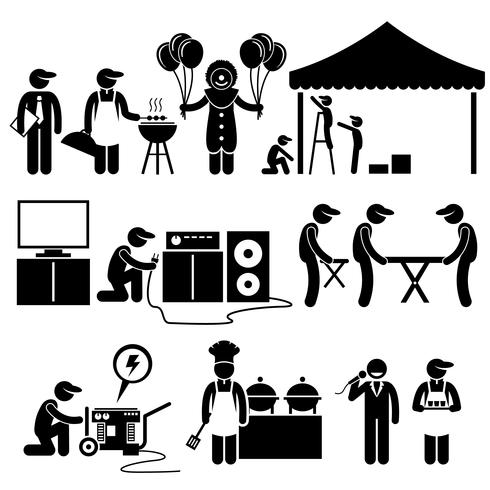 Festa de celebração festival evento serviços Stick Figure pictograma ícones. Pictograma humano que representa o negócio dos serviços da instalação do evento. vetor