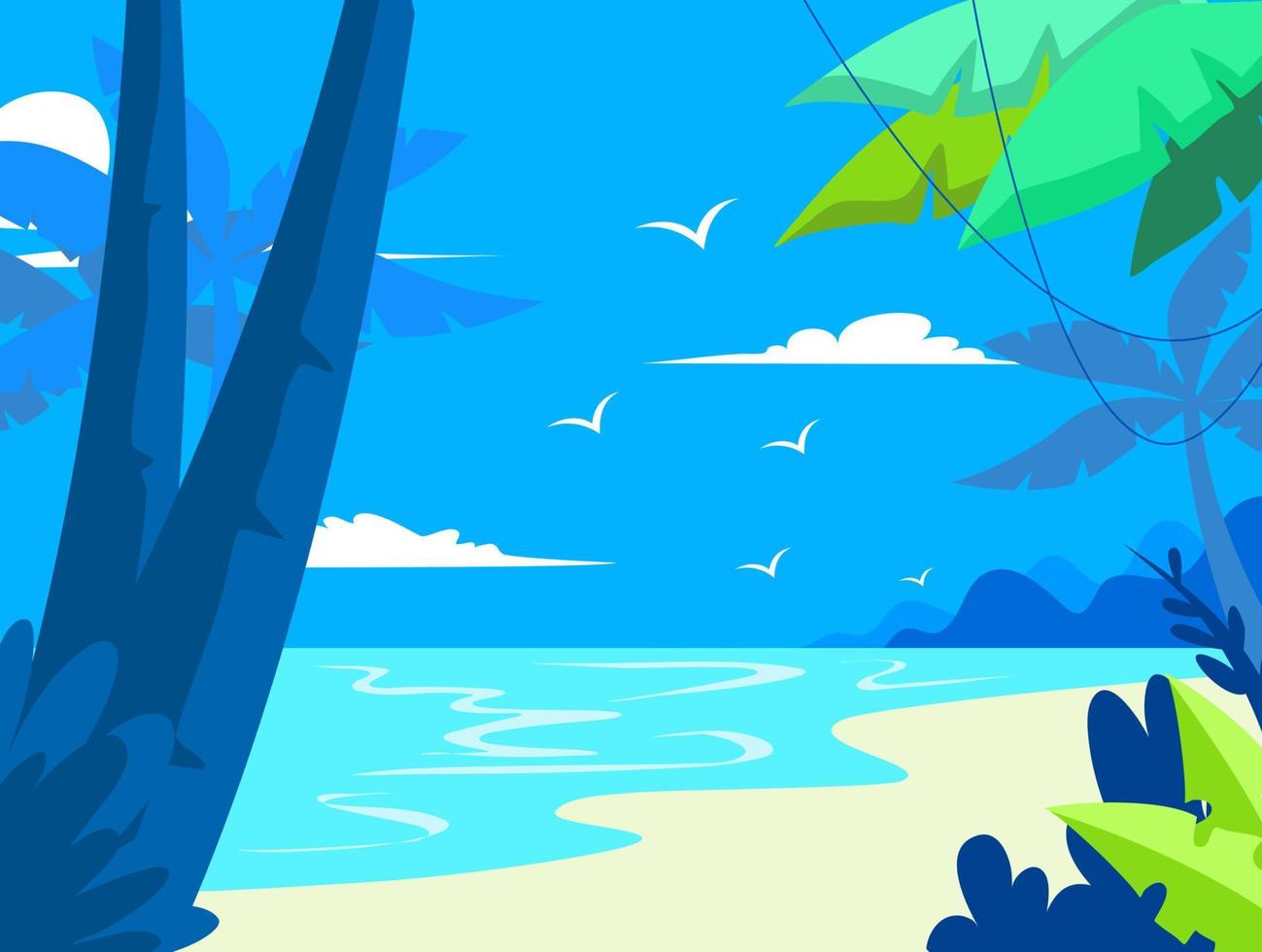 praia de verão dos desenhos animados. férias da natureza do paraíso, oceano ou litoral do mar. ilustração de fundo de paisagem à beira-mar vetor