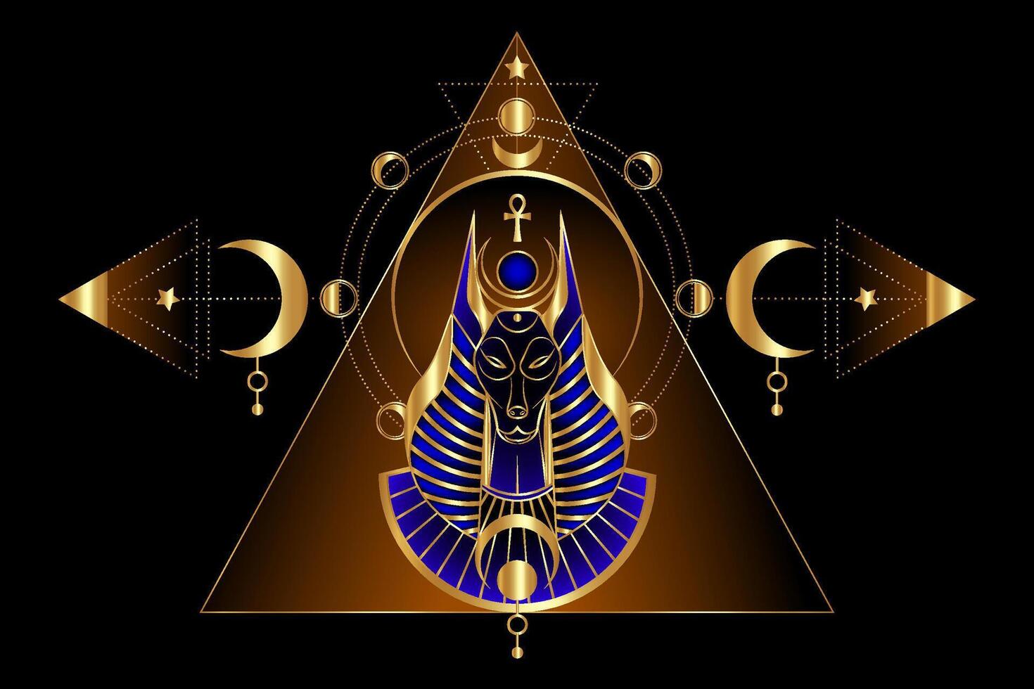 místico antigo egípcio Deus anubis em pirâmide. ouro sagrado geometria e celestial lua fases. divindade com canino cabeça. Deus do morte. dourado luxo vetor ilustração isolado em Preto fundo