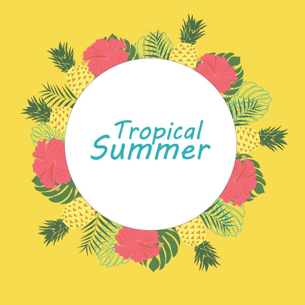 tropical verão bandeira. brilhante, colorida, amarelo fundo do tropical folhas, abacaxi e flores criativo, exótico, engraçado quadro. poster, mensagem em a Internet, modelo, cartão postal vetor