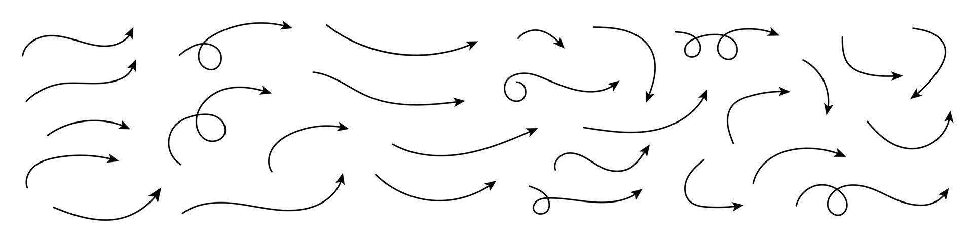 conjunto de vetor setas curvas desenhadas à mão. esboço estilo do doodle. coleção de ponteiros.