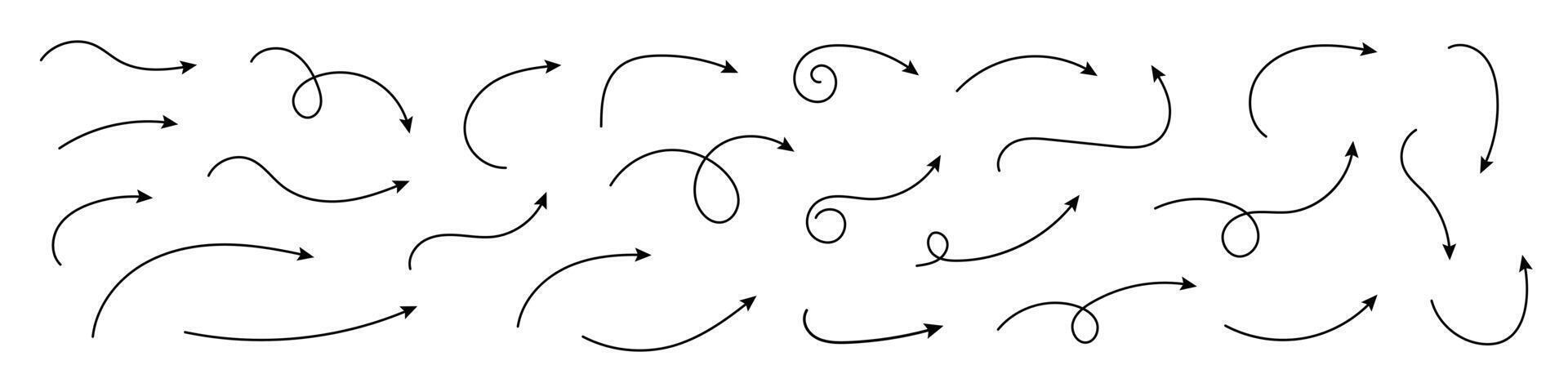 conjunto do mão desenhado curvado Setas; flechas . esboço rabisco estilo. coleção do ponteiros. vetor ilustração.