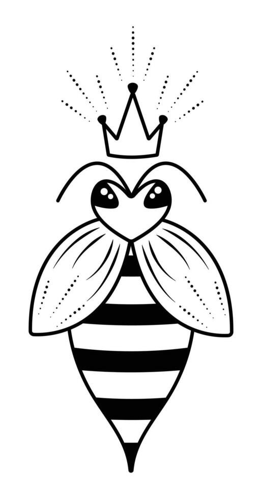 fofa abelha rainha com uma coroa, abelha mãe Preto e branco vetor ilustração