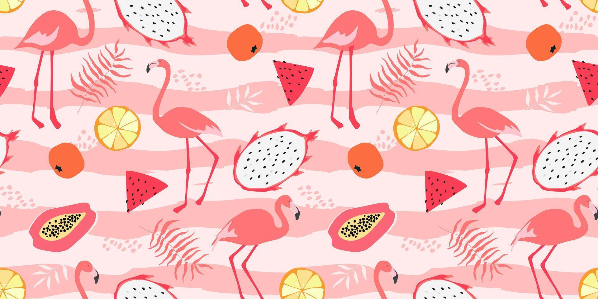 desatado padronizar com flamingos, tropical folhas, frutas, em uma fundo do ondas. verão abstrato feriado imprimir. vetor gráficos.