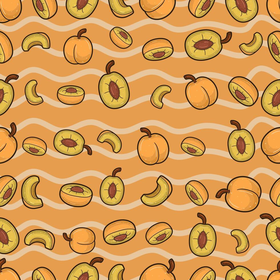 Damasco fruta desatado padronizar dentro desenho animado estilo. perfeito para fundo, pano de fundo, papel de parede e cobrir embalagem. vetor