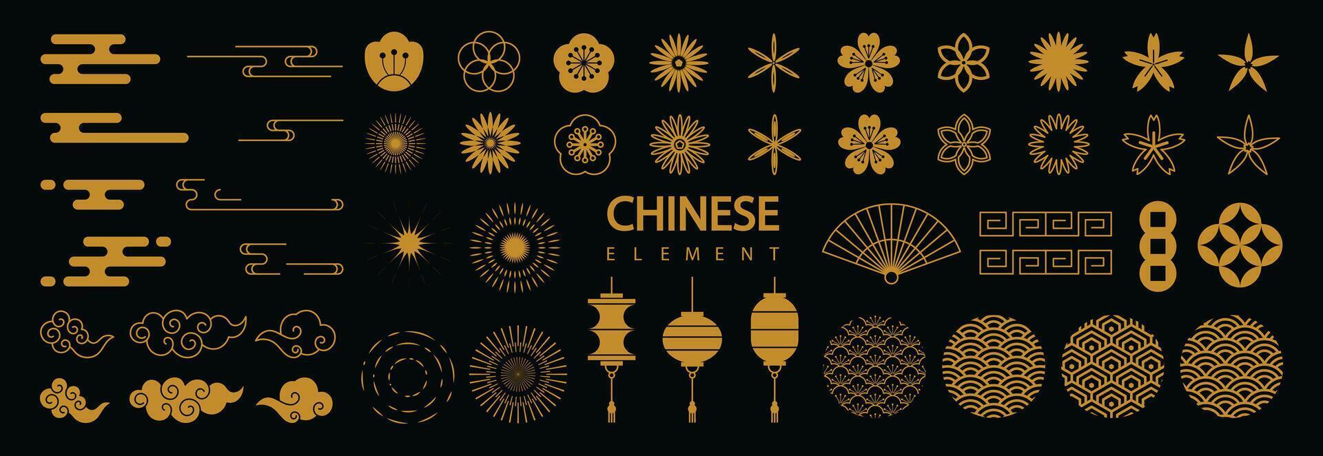 chinês Novo ano ícones vetor definir. cereja Flor flor, fogos de artifício, suspensão lanterna, nuvem isolado ícone do ásia lunar Novo ano feriado decoração vetor. oriental cultura tradição ilustração.