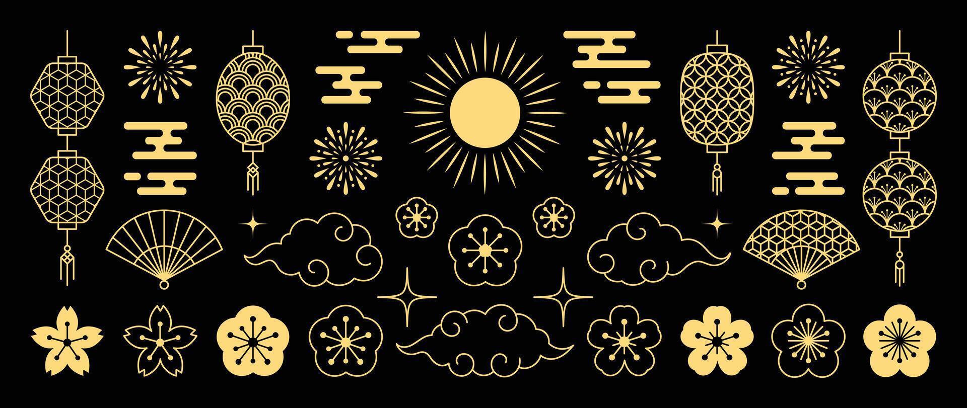 chinês Novo ano ícones vetor definir. cereja Flor flor, fã, fogos de artifício, suspensão lanterna, nuvem isolado ícone do ásia lunar Novo ano feriado decoração vetor. oriental cultura tradição ilustração.