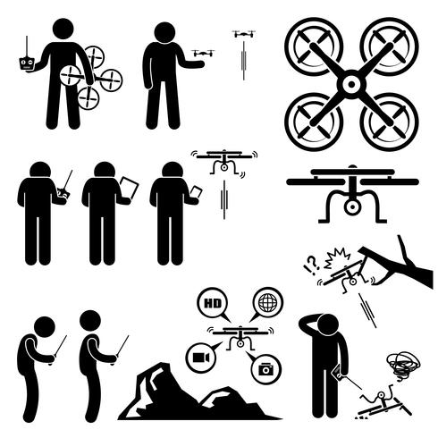 Homem controlando voando Drone Quadcopter Stick figura pictograma ícones. vetor