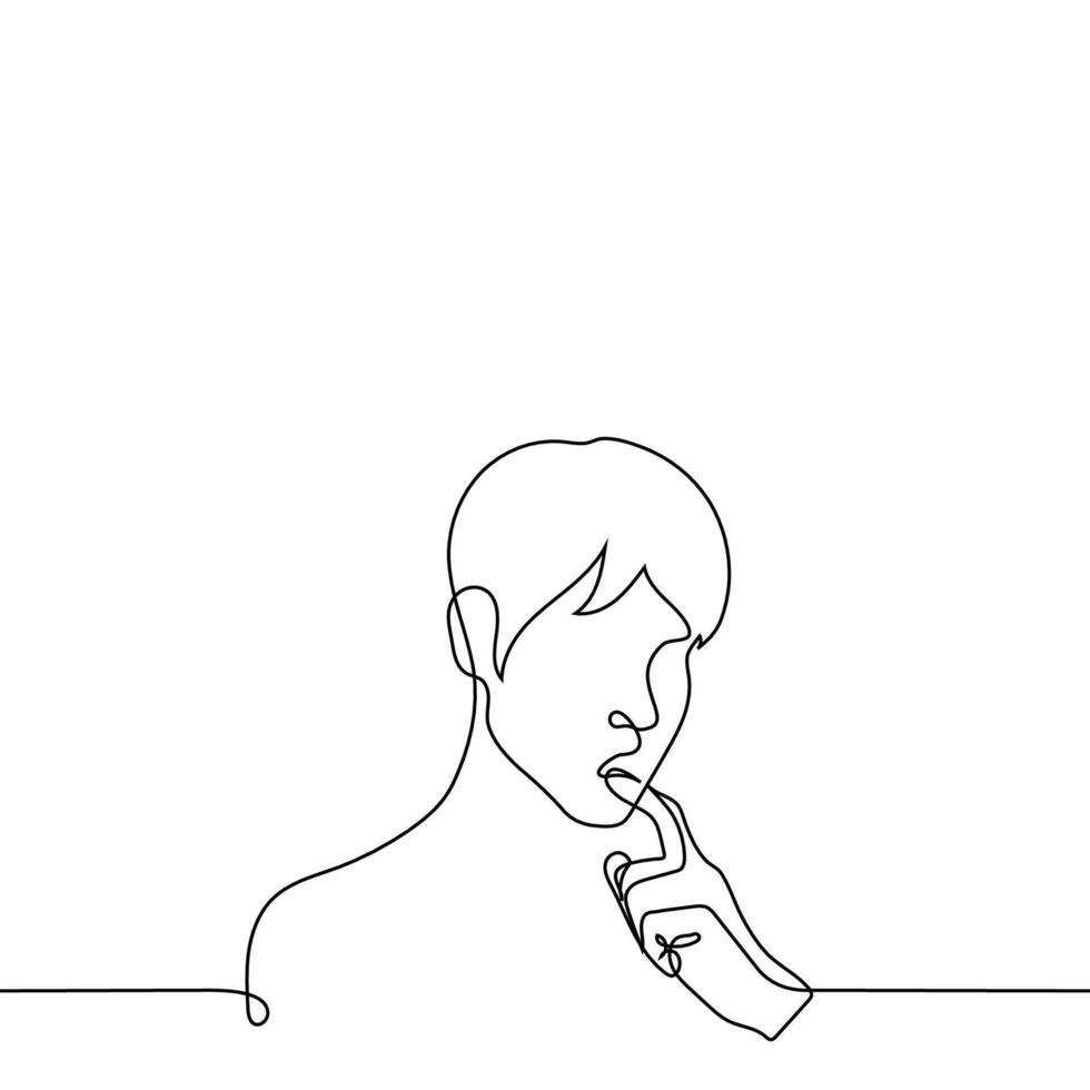 homem pensando com dedo em mais baixo lábio - 1 linha desenhando vetor. masculino retrato. conceito confuso, surpreso, curioso vetor