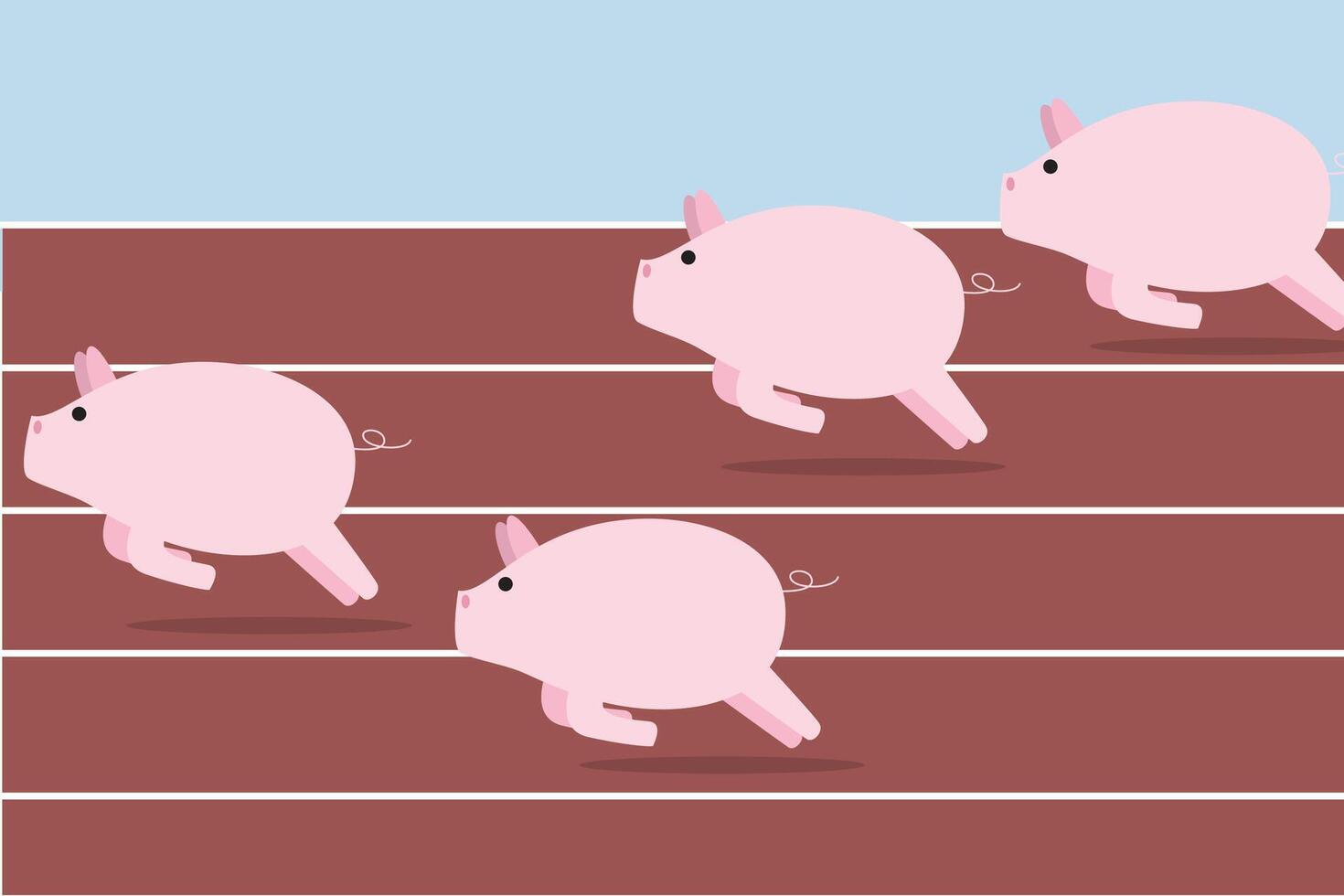 mútuo fundos, Rosa porquinho bancos corrida rápido para alcance alvo, elas competir em raça rastrear e campo caminho para ganhar a costas dinheiro desvio. vetor