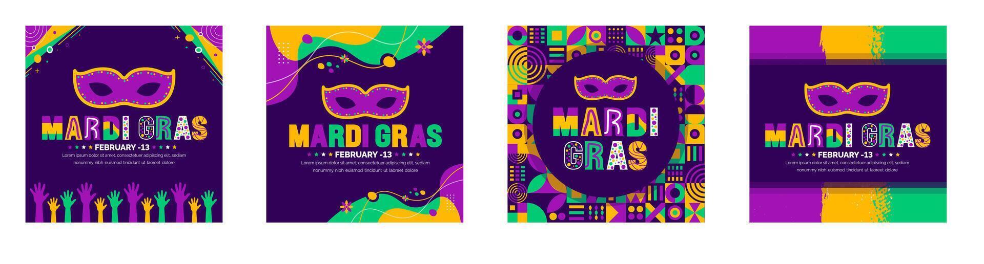 mardi gras carnaval dentro Novo orleans social meios de comunicação postar bandeira Projeto modelo conjunto com carnaval mascarar. mardi gras refere para eventos do a carnaval celebração fundo Projeto modelo. vetor