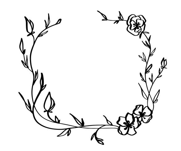 Grinalda decorativa de flores de lavanda isolada no fundo branco, desenho de mão redonda frame doodle desenhada vector esboço linha arte herbal design gráfico para cartão, convite, projeto de casamento, cosmético