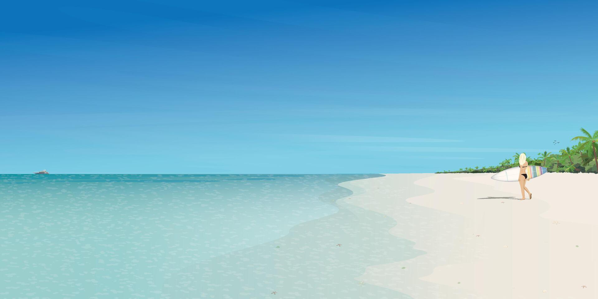 tropical azul mar ter surfista menina com prancha de surfe às a de praia plano Projeto vetor ilustração. viajando para caribe mar conceito ter em branco espaço.