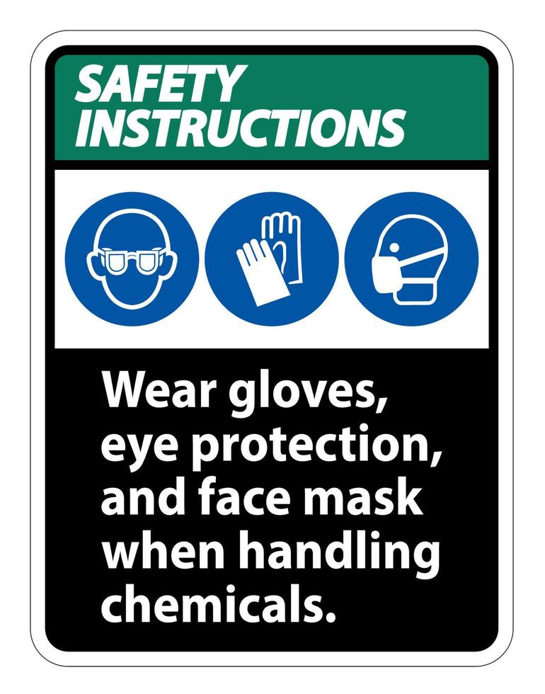 instruções de segurança usar luvas, proteção para os olhos e máscara facial sinal isolado no fundo branco, ilustração vetorial eps.10 vetor