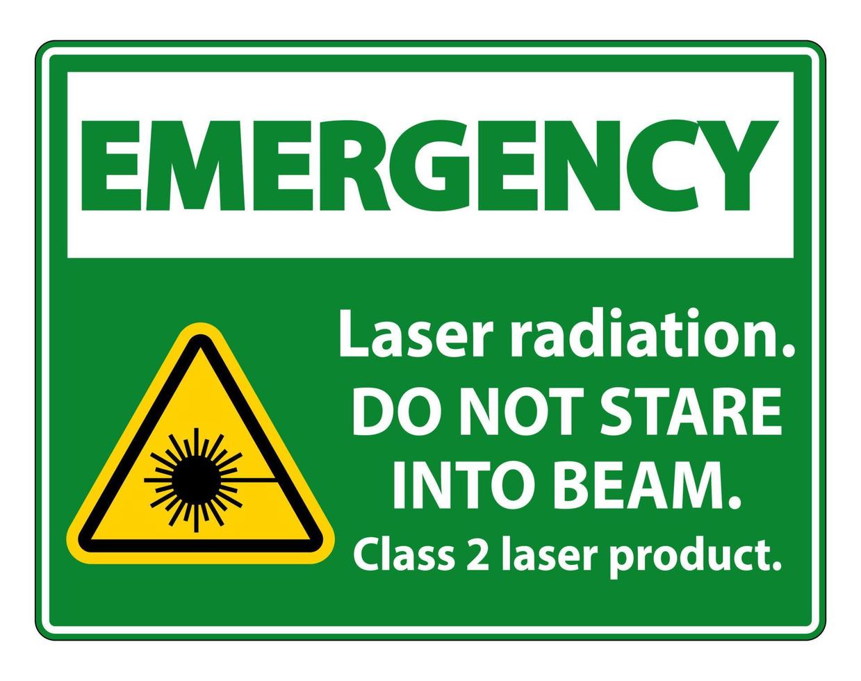 radiação laser de emergência, não olhe fixamente para o feixe, sinal de produto a laser classe 2 em fundo branco vetor