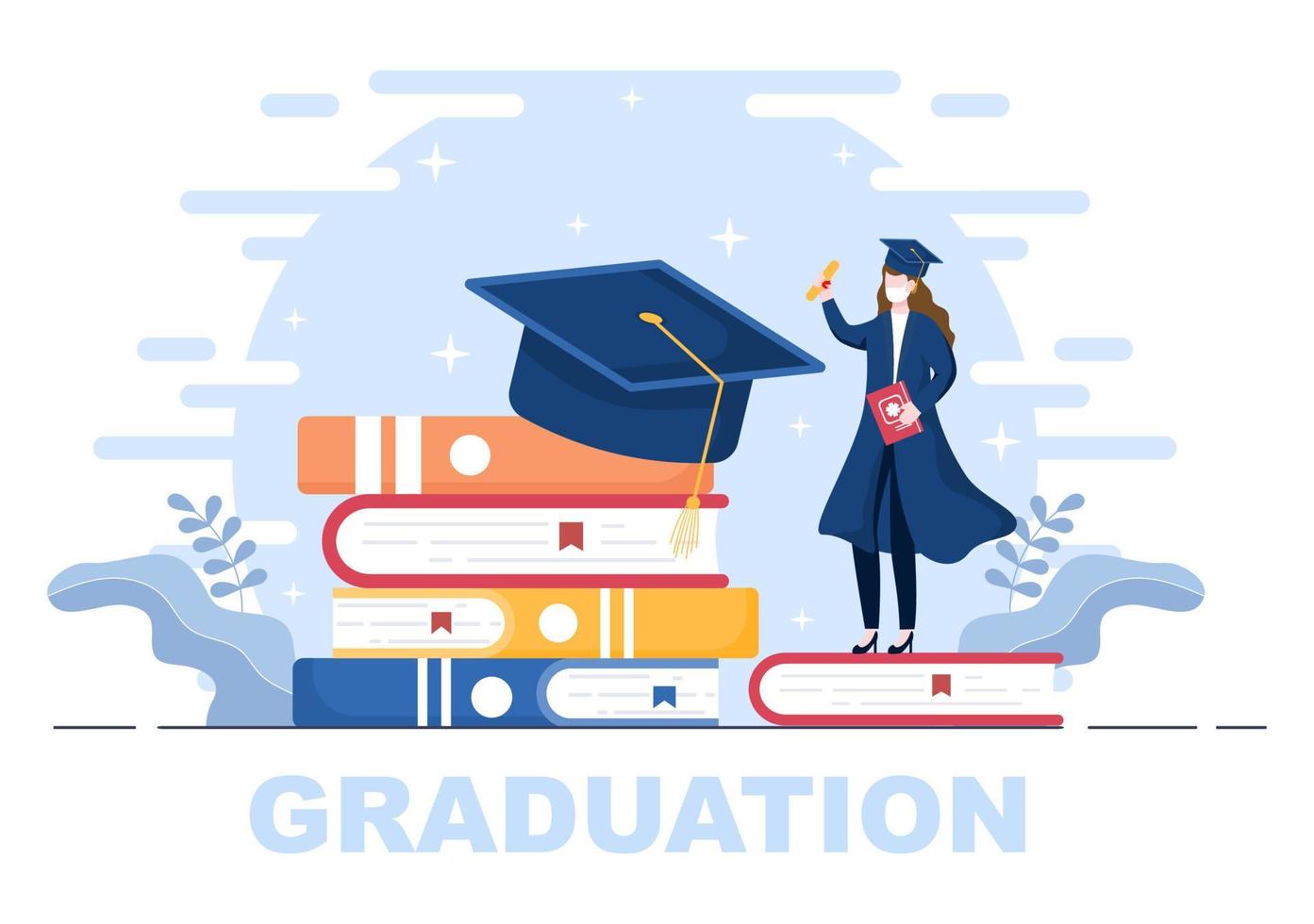 feliz dia da formatura de alunos comemorando ilustração vetorial de fundo usando trajes acadêmicos, chapéu de pós-graduação e diploma em estilo simples. vetor