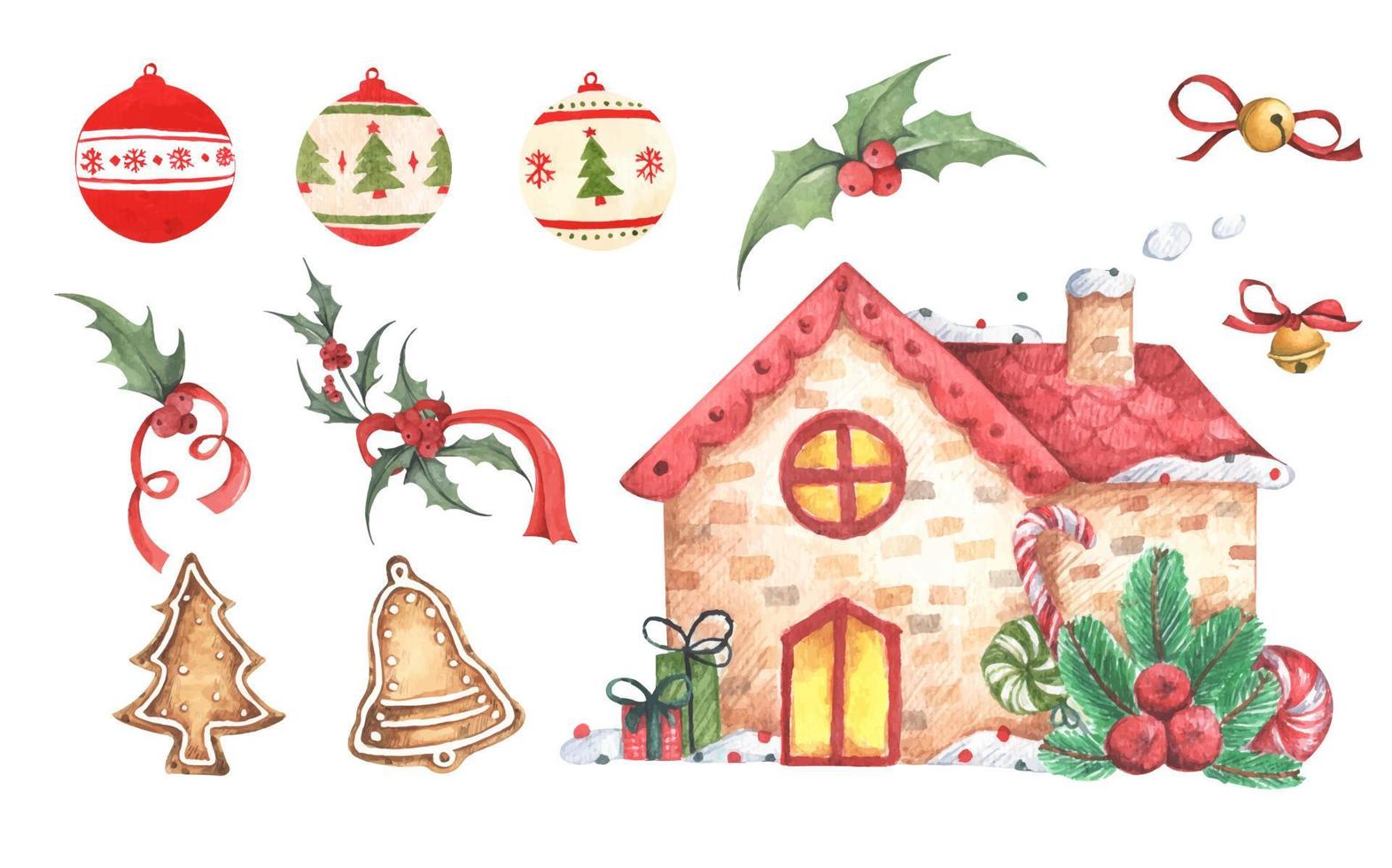 conjunto de decorações de Natal. ilustração em aquarela. vetor