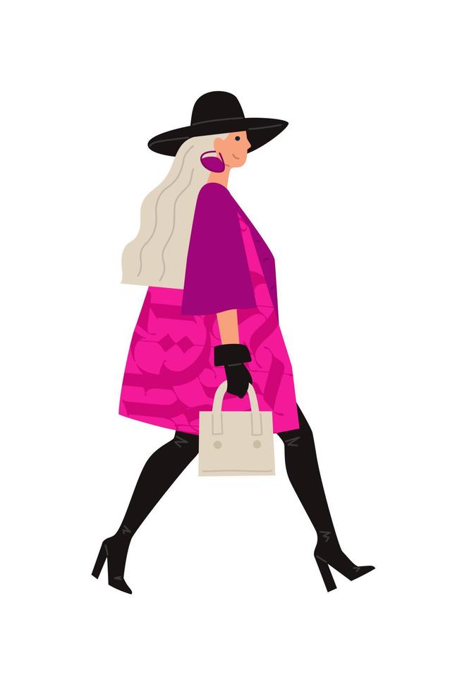 ilustração de uma garota brilhante com um chapéu preto. vetor. imagem glamorosa de uma senhora de rosa. estilo simples. vetor