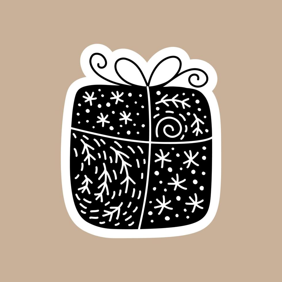 adesivo de vetor preto de Natal com caixa de presente bonita e engraçada. mão desenhada personagem distintivo escandinavo para notebook, álbum de recortes, smartphone ou planejador. ilustração plana gráfica isolada