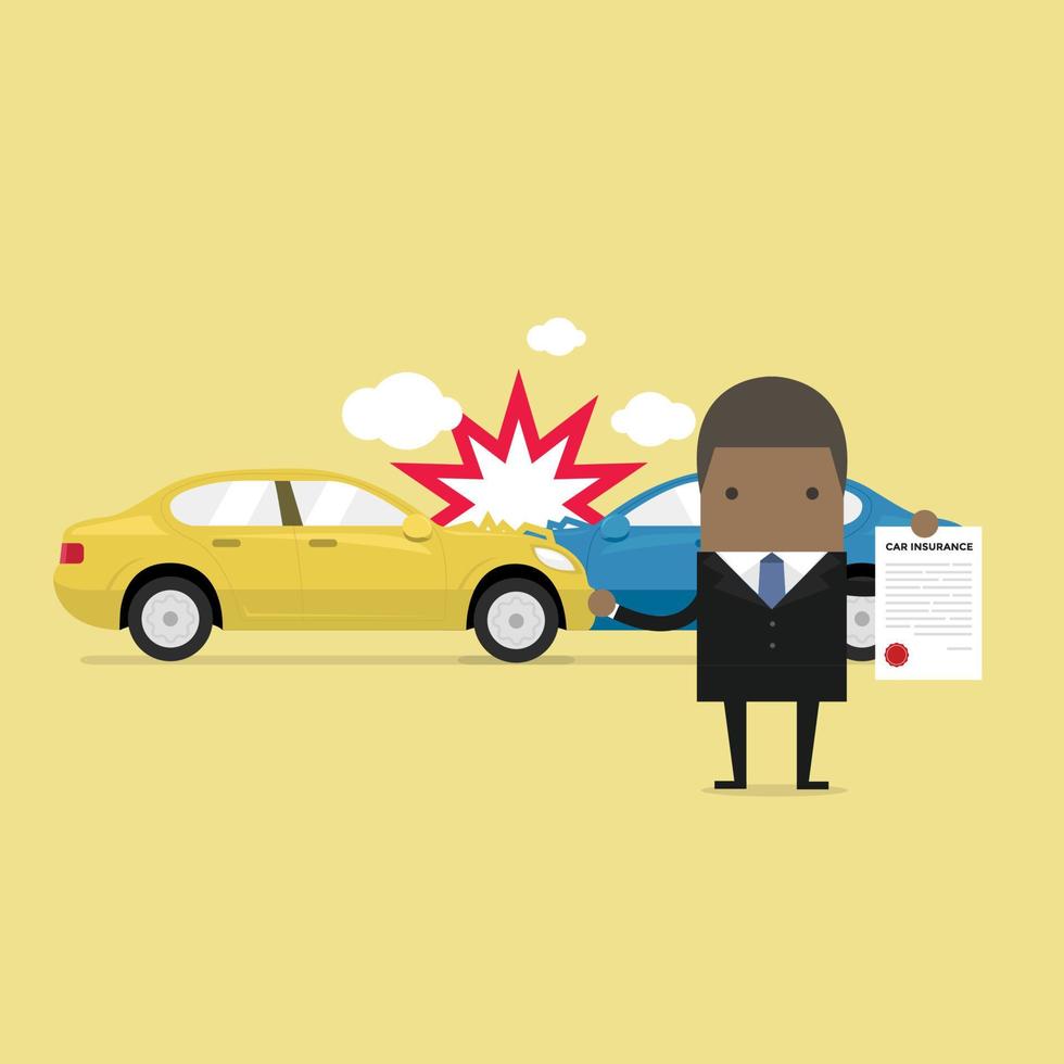 seguro automóvel em centro de serviço. empresário africano mostra o documento de proteção do carro. vetor