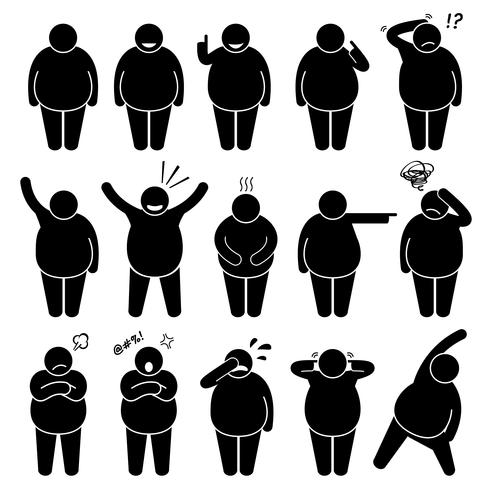 Homem gordo ação coloca posturas Stick Figure pictograma ícones. vetor