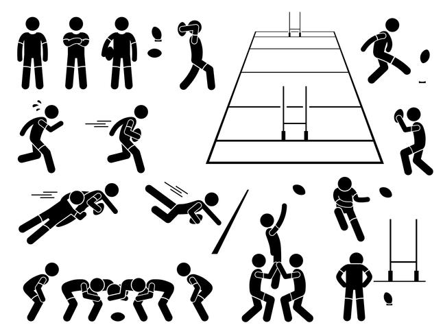 Ações de jogador de rugby coloca Stick Figure pictograma ícones. vetor