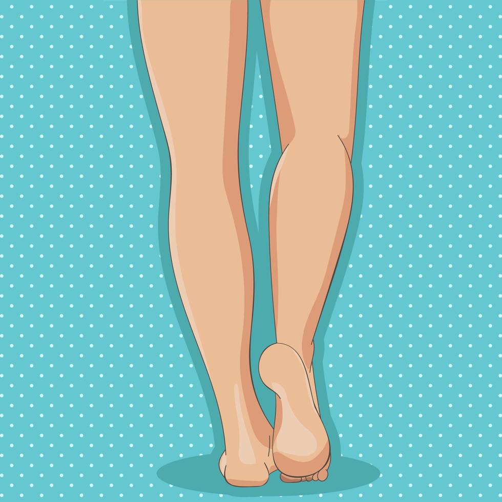 pernas finas femininas, descalço, vista traseira. estilo dos desenhos animados, desenhado à mão. conceito feminino, elemento de design para spa, centros médicos, produtos cosméticos. ilustração vetorial vetor