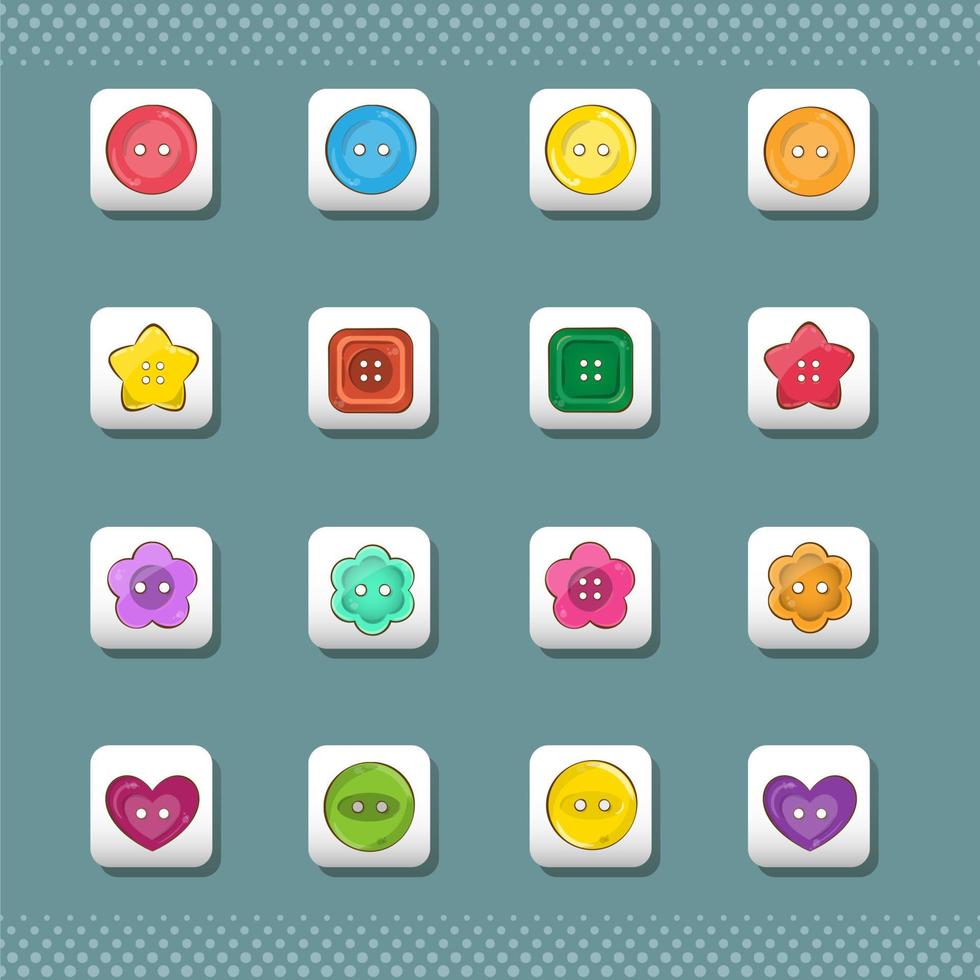 coleção de vetores de ícones quadrados coloridos brilhantes bonitos e adesivos com botões de costura.