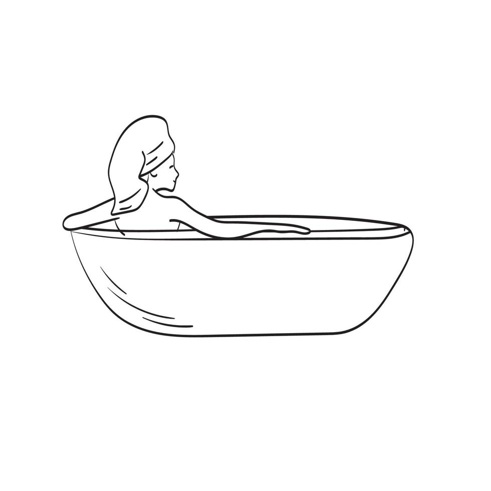 jovem mulher tomando banho ilustração vetorial isolado na arte de linha de fundo branco. vetor