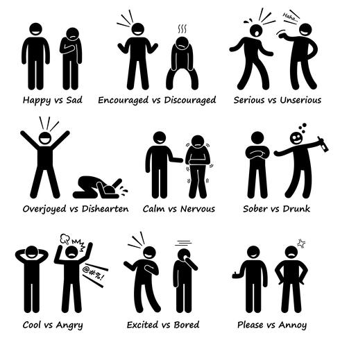 Emoções positivas do sentimento contra ações negativas Stick Figure Pictogram Icons. vetor