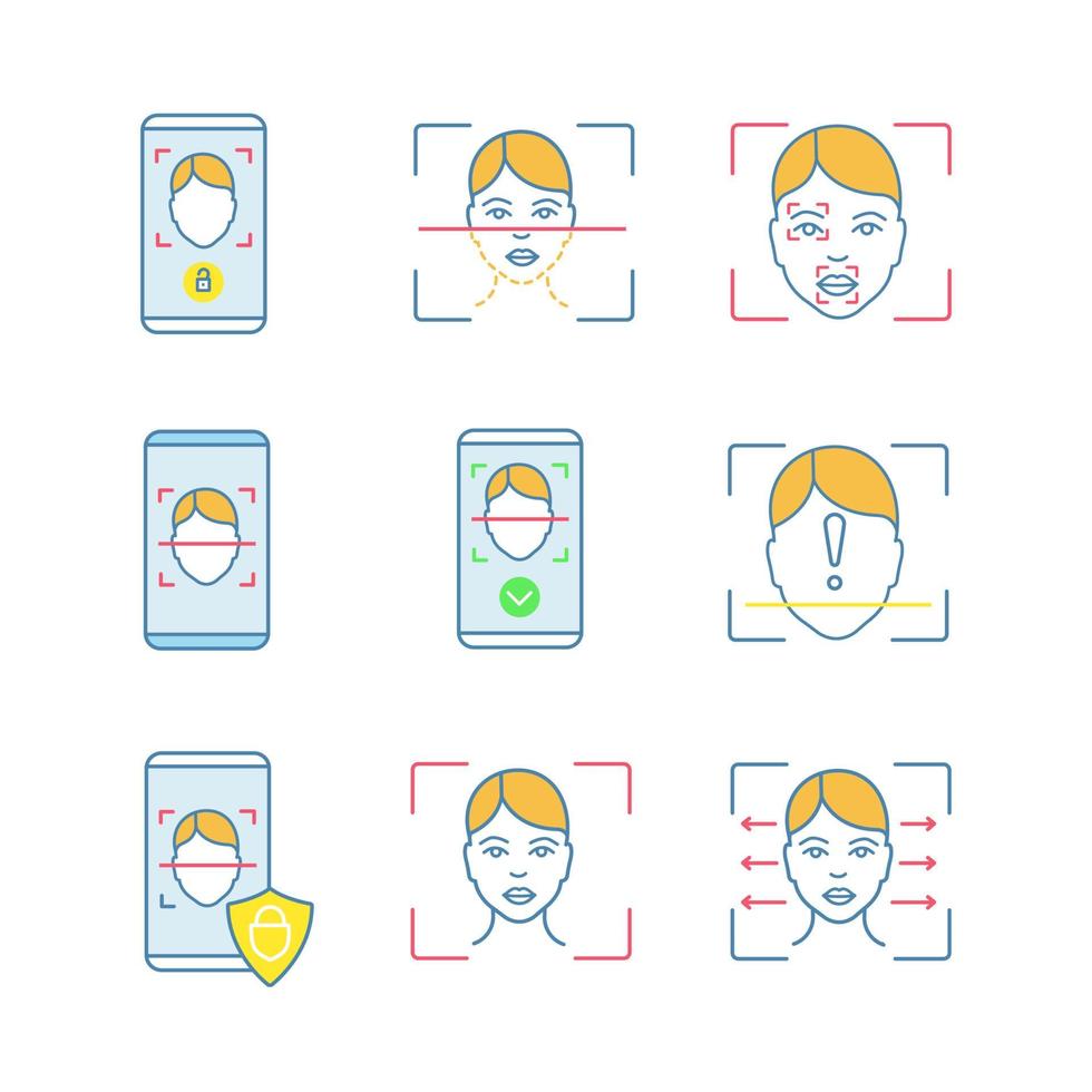 conjunto de ícones de cores de reconhecimento facial vetor