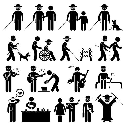 Ícones de pictograma do cego homem Handicap Stick Figure. vetor