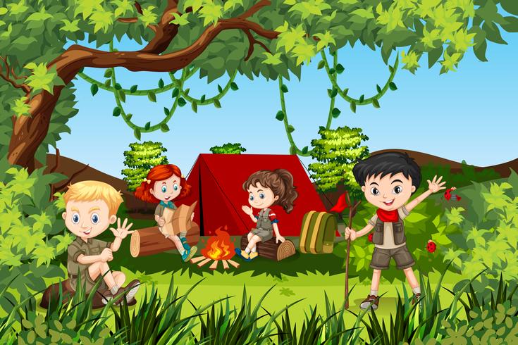 Canping crianças na floresta vetor