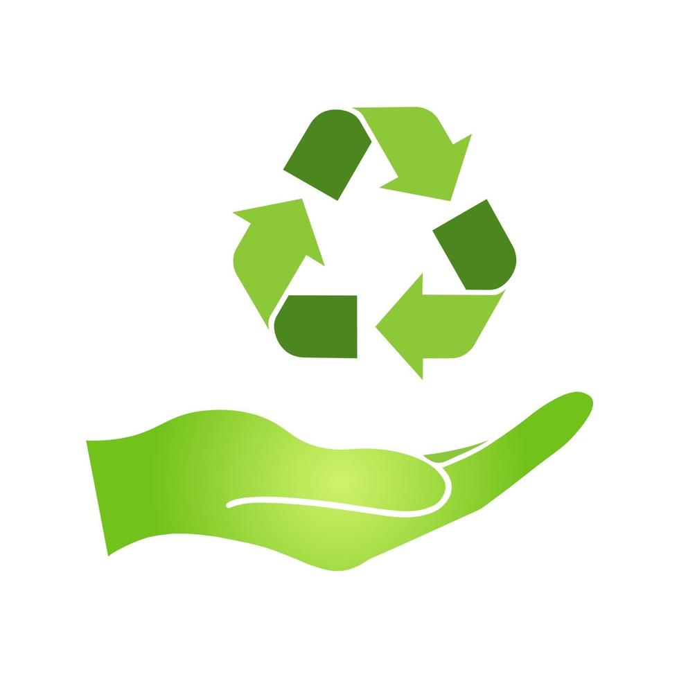 mão com ícone simples de sinal de reciclagem verde na embalagem e na caixa do produto vetor