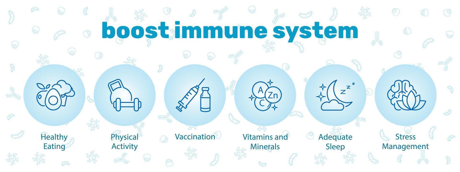 impulsionadores para a humano imune sistema. saudável comendo, vitaminas, minerais, adequado dormir, fisica atividade, mental saúde. vetor ilustração em uma azul fundo.