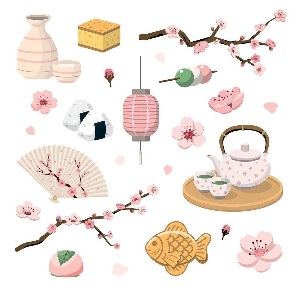 Primavera chá festa e cereja Flor vendo ilustração definir. isolado em branco fundo. sazonal festivo gráficos vetor