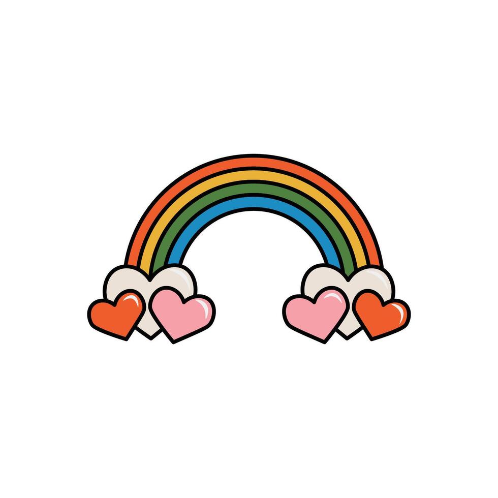 fofa arco Iris e corações vetor clipart dentro sulco estilo. isolado retro adesivo em uma branco fundo. estoque ilustração.